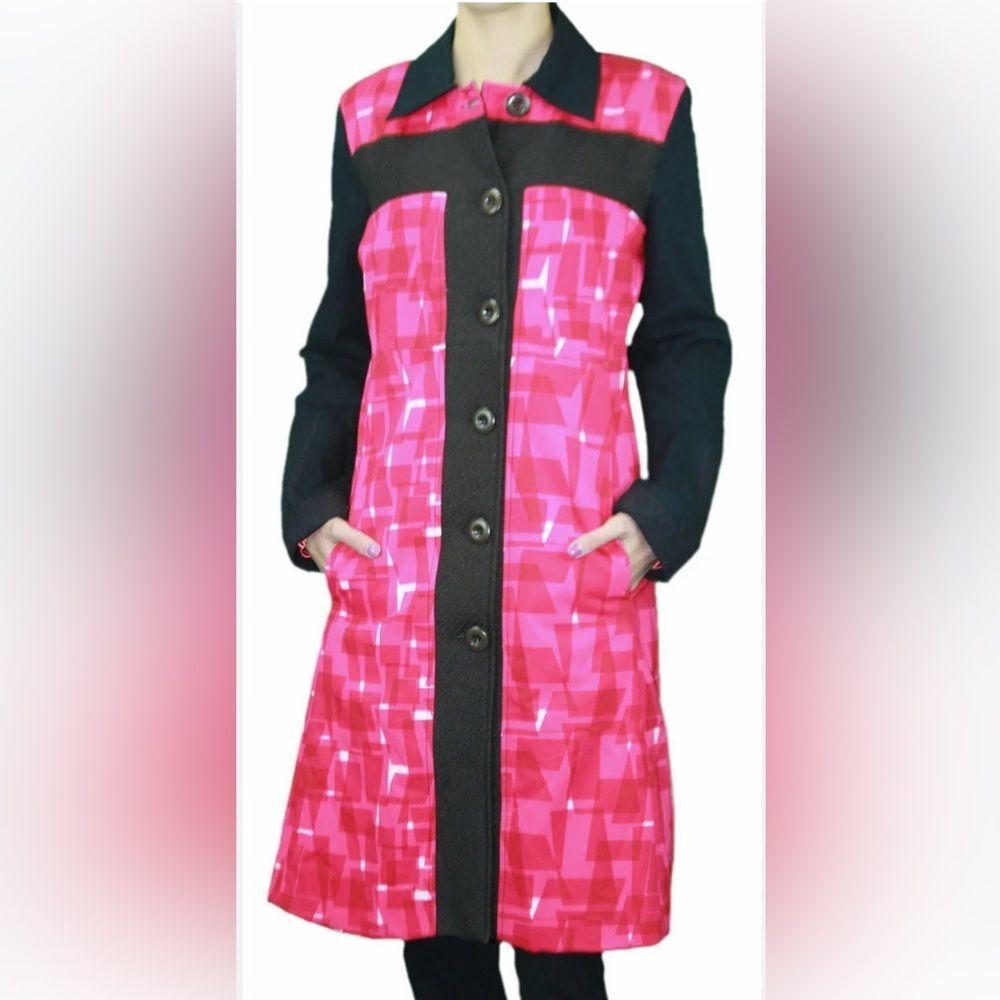 Custo Barcelona Bright Pink Mod Geo Printed Pea Coat Jacket Wool Trim NWT Size 4